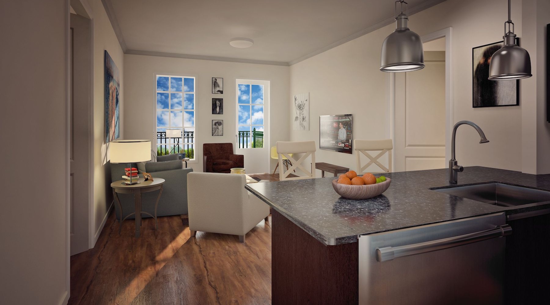 rendering of open living area showing living room, dining and kitchen